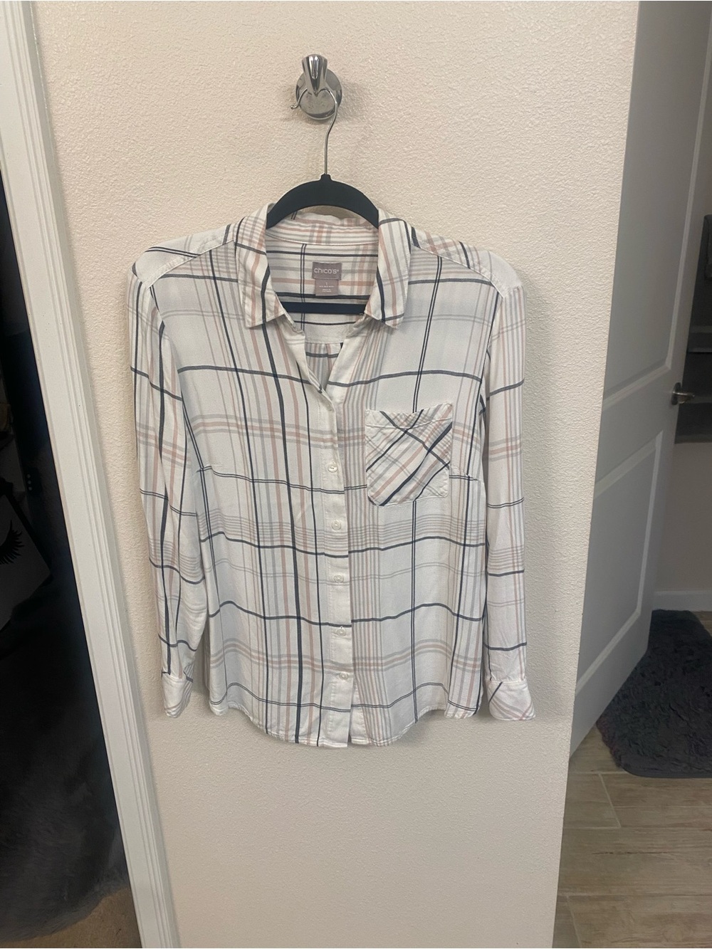 Chico's White Plaid Button-Down Shirt with Tan & Navy Stripes